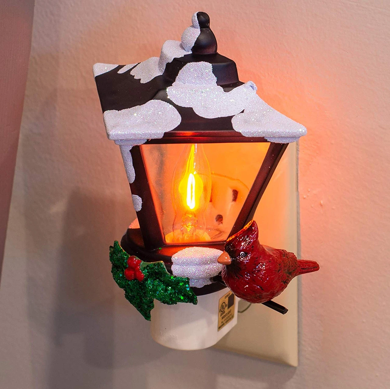 6" Cardinal On A Snow Covered Street Lamp Flickering Christmas Night Light - Image 3