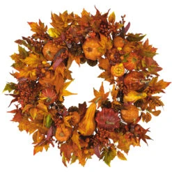 Autumn Harvest Maple Berries And Pinecones Wreath, Orange - 28-Inch