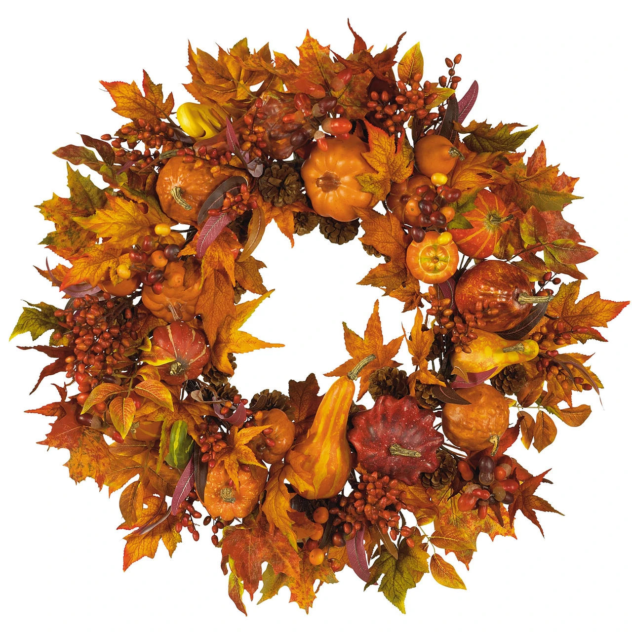 Autumn Harvest Maple Berries And Pinecones Wreath, Orange - 28-Inch