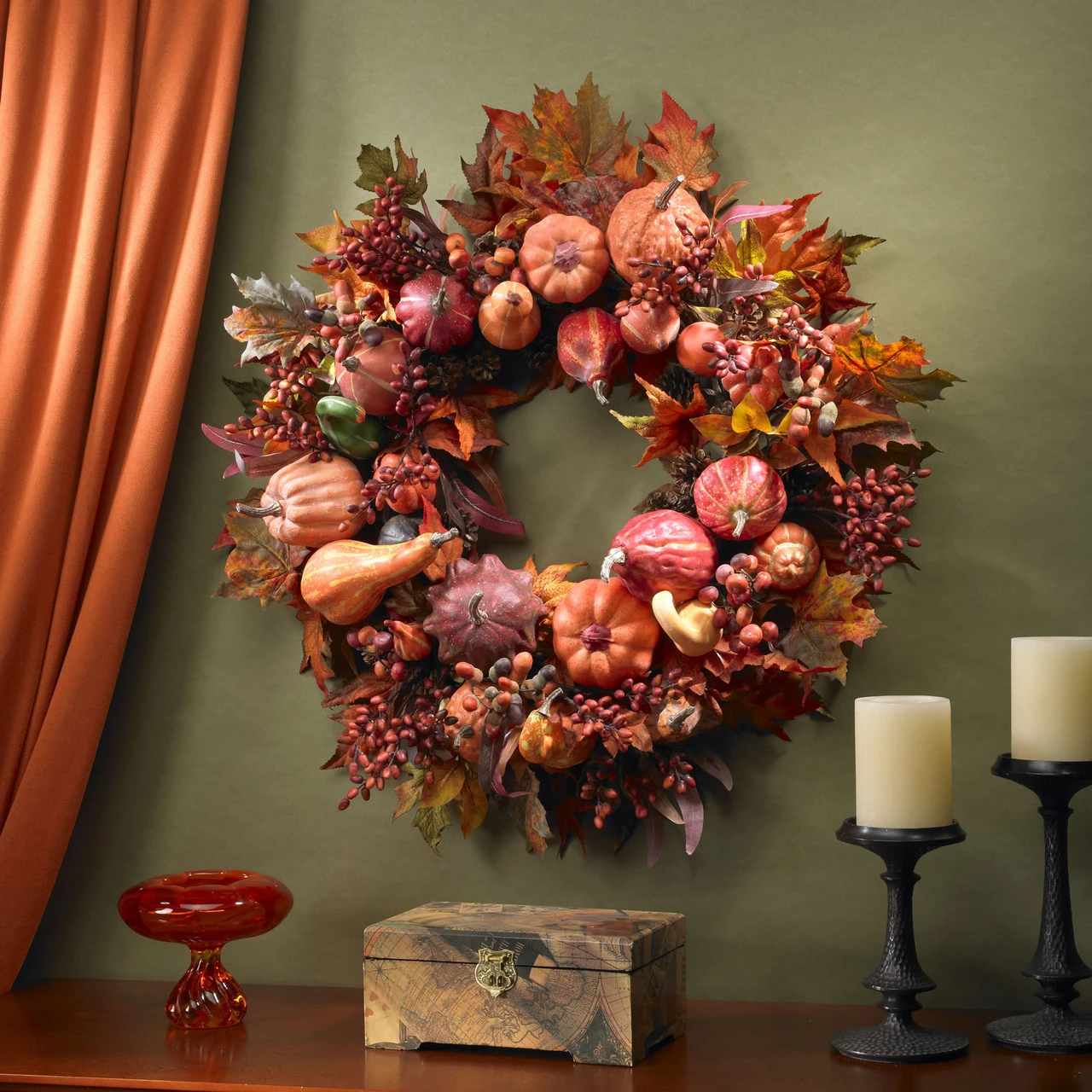 Autumn Harvest Maple Berries And Pinecones Wreath, Orange - 28-Inch - Image 3