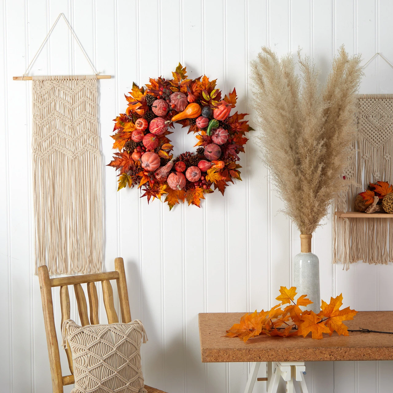 Autumn Harvest Maple Berries And Pinecones Wreath, Orange - 28-Inch - Image 4