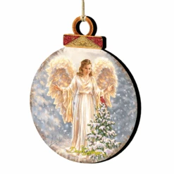 Set Of 2 Angel And Cardinal In A Woodland Wooden Christmas Ornaments 5.5"