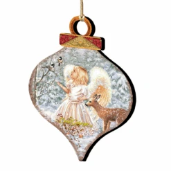 Set Of 2 Angel With Friends In The Woodland Onion Shaped Wooden Christmas Ornaments 5.5"