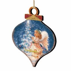 Set Of 2 Angel Wish Onion Shaped Wooden Christmas Ornaments 5.5"