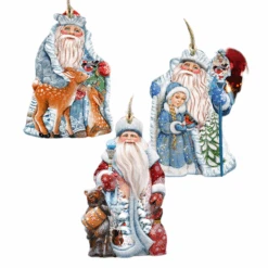 Set Of 3 Tale Of Father Frost Wooden Christmas Ornaments 5.5"