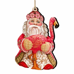 Set Of 2 Santa With A Flamingo Wooden Christmas Ornaments 5.5"