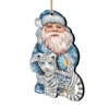 Set Of 2 Winter Santa White Tiger Wooden Christmas Ornaments 5.5"