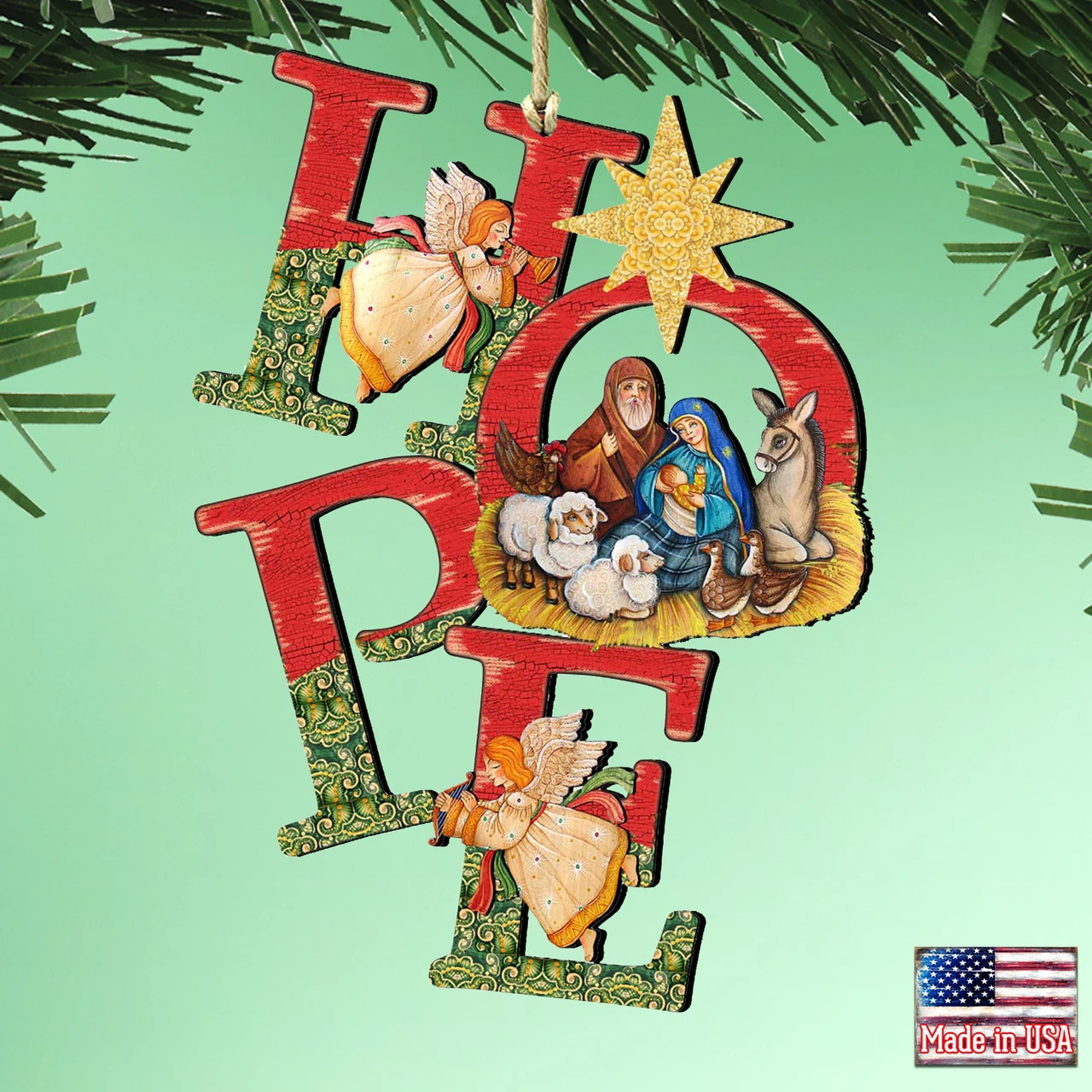 Set Of 2 Magnificent Nativity "Hope" Wooden Christmas Ornaments 5.5" - Image 2