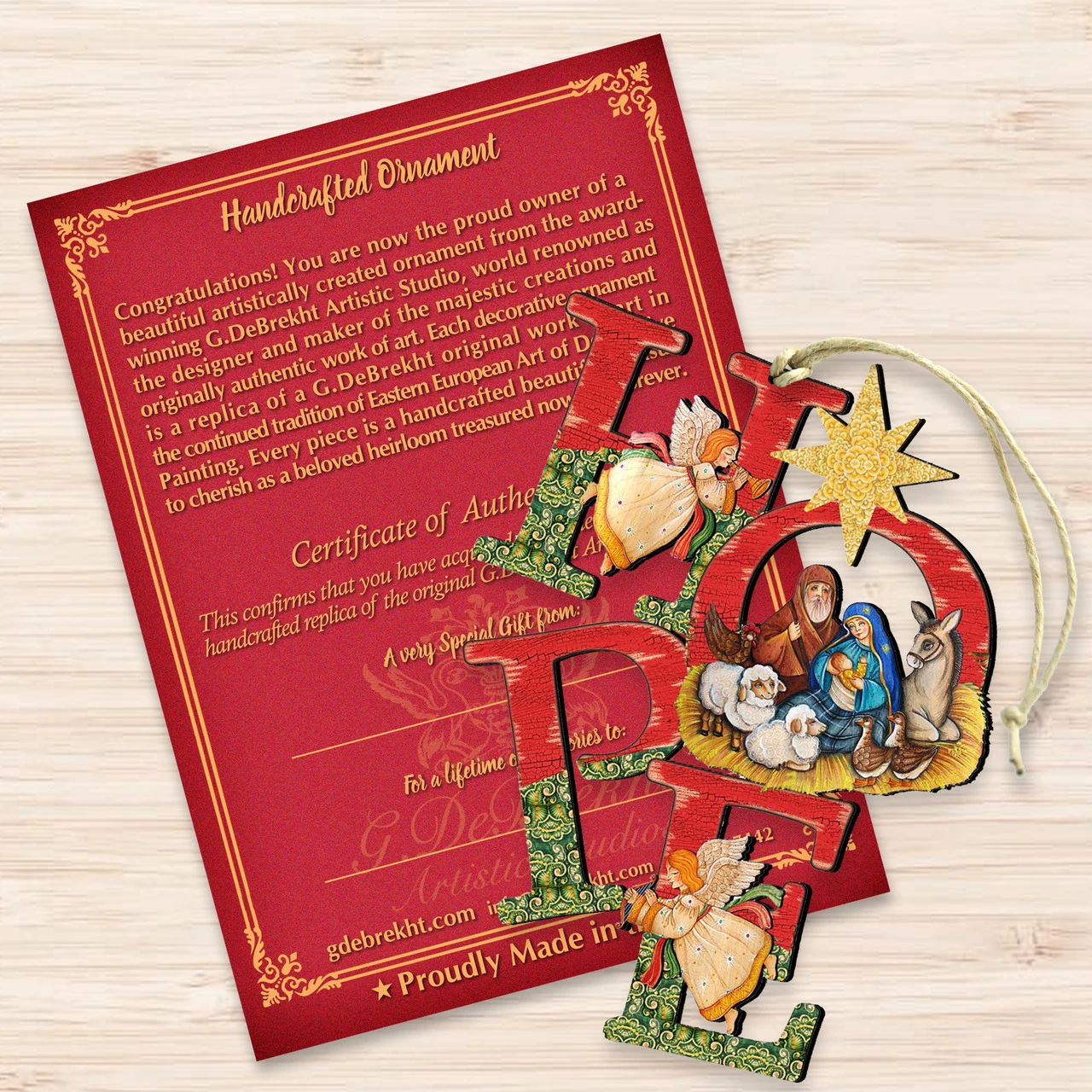 Set Of 2 Magnificent Nativity "Hope" Wooden Christmas Ornaments 5.5" - Image 3