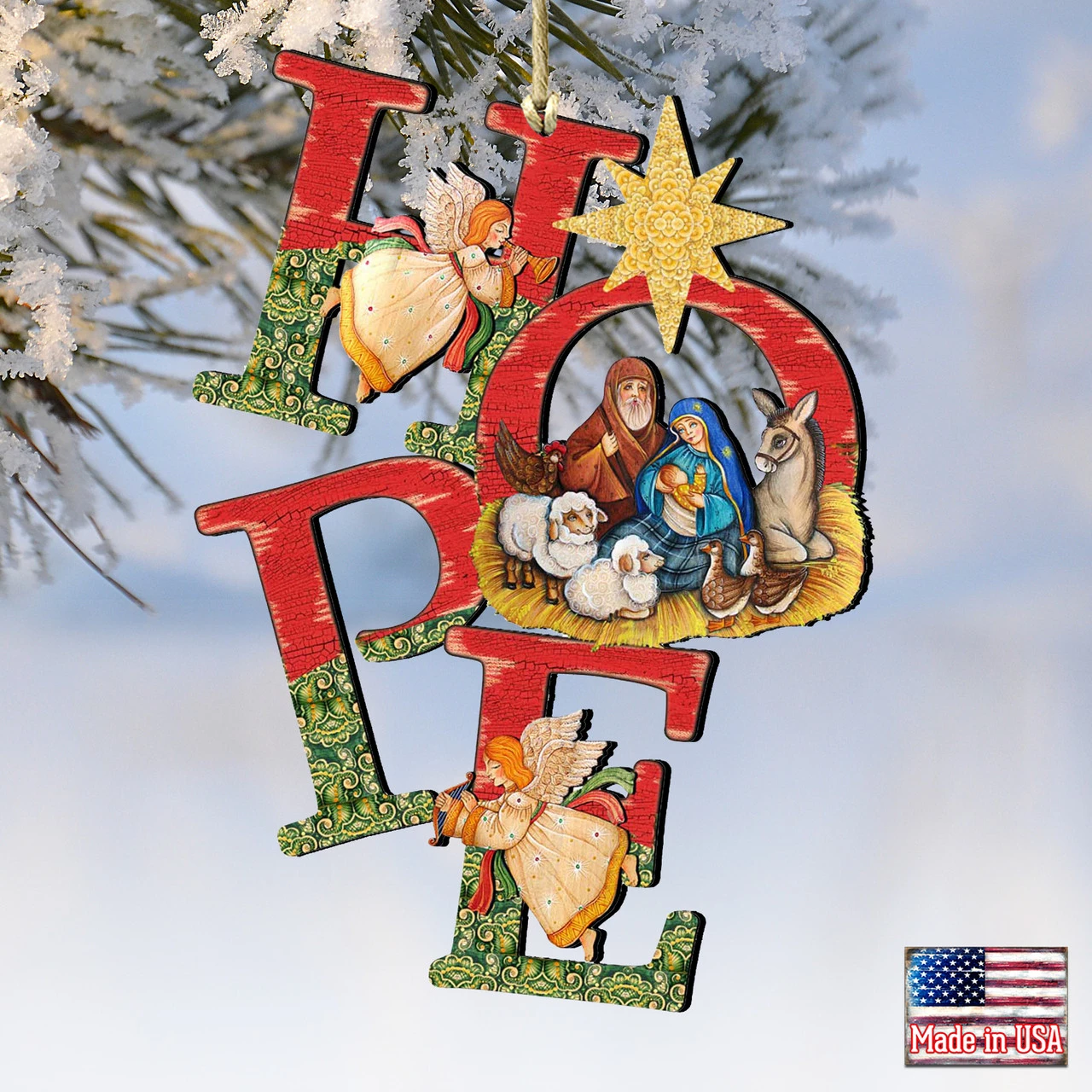 Set Of 2 Magnificent Nativity "Hope" Wooden Christmas Ornaments 5.5" - Image 4