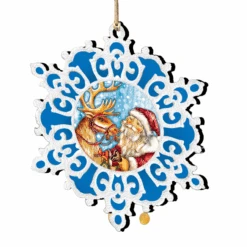 Set Of 2 Santa Reindeer Ride Snowflake Wooden Christmas Ornaments 5.5"