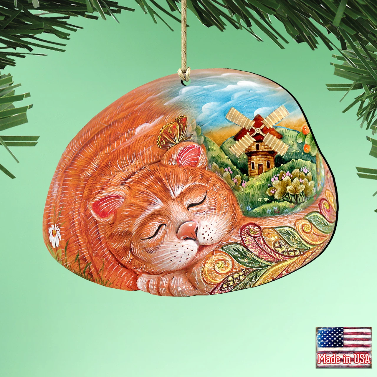 Set Of 2 Sleeping Kitten Wooden Christmas Ornaments 5.5" - Image 2