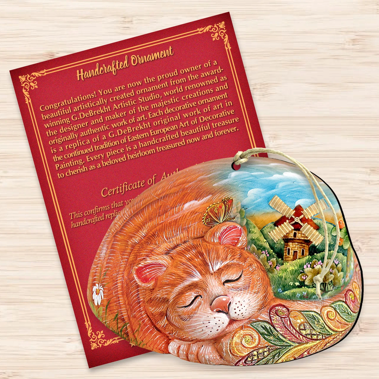 Set Of 2 Sleeping Kitten Wooden Christmas Ornaments 5.5" - Image 3