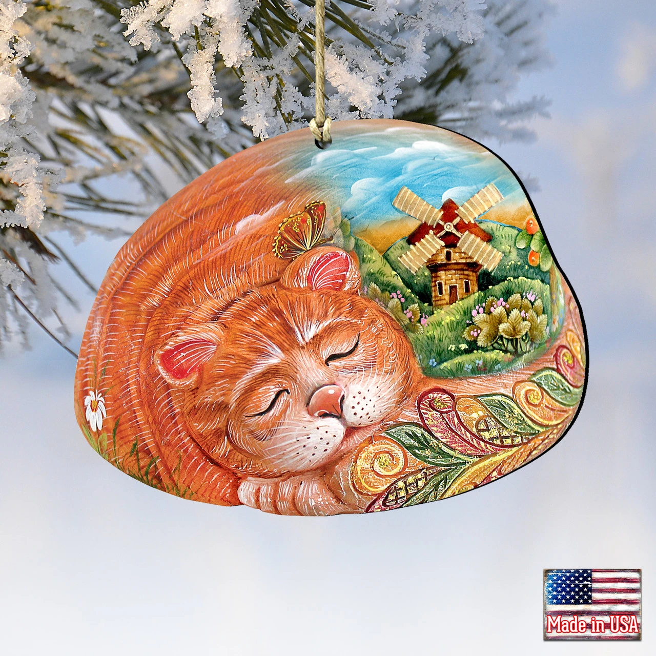 Set Of 2 Sleeping Kitten Wooden Christmas Ornaments 5.5" - Image 4