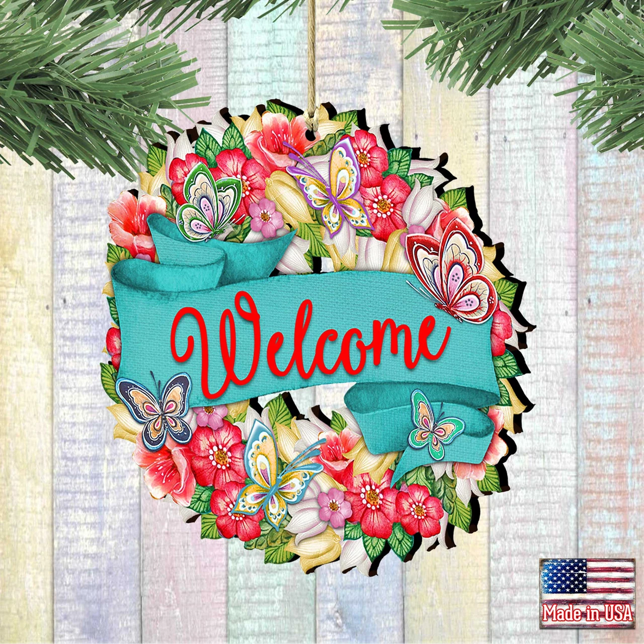 Set Of 2 Butterfly Floral Wreath "Welcome" Wooden ChristmasOrnaments 5.5" - Image 2