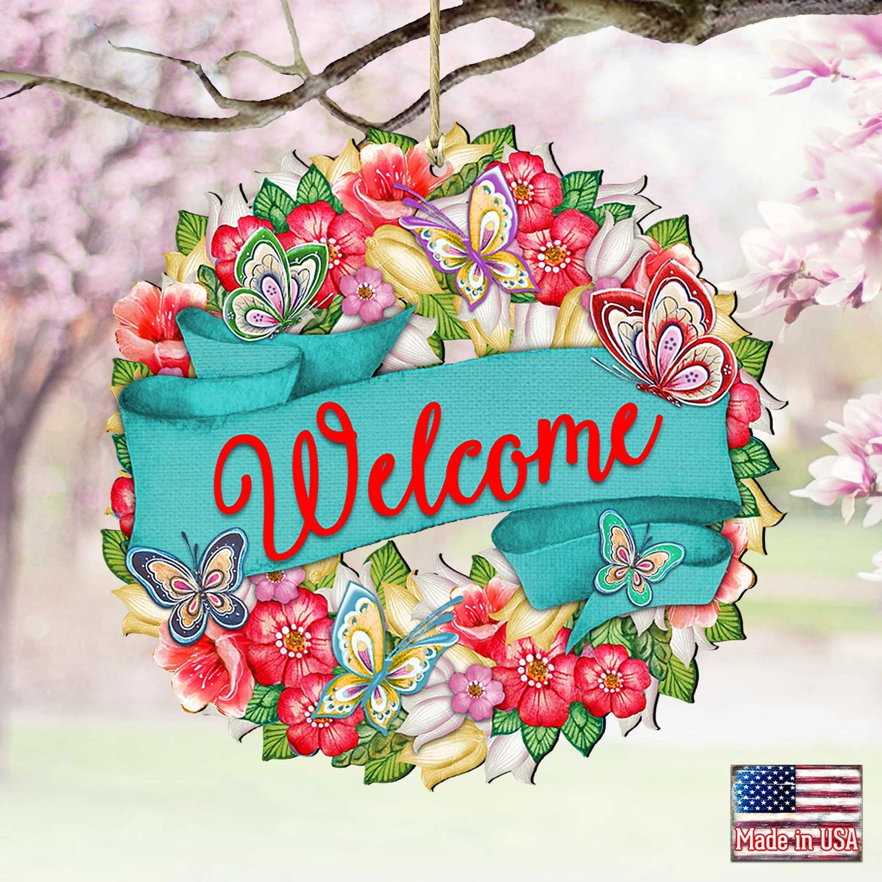 Set Of 2 Butterfly Floral Wreath "Welcome" Wooden ChristmasOrnaments 5.5" - Image 4