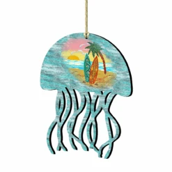 Set Of 2 Coastal Scenic Rustic Jellyfish Wooden Christmas Ornaments 5.5"