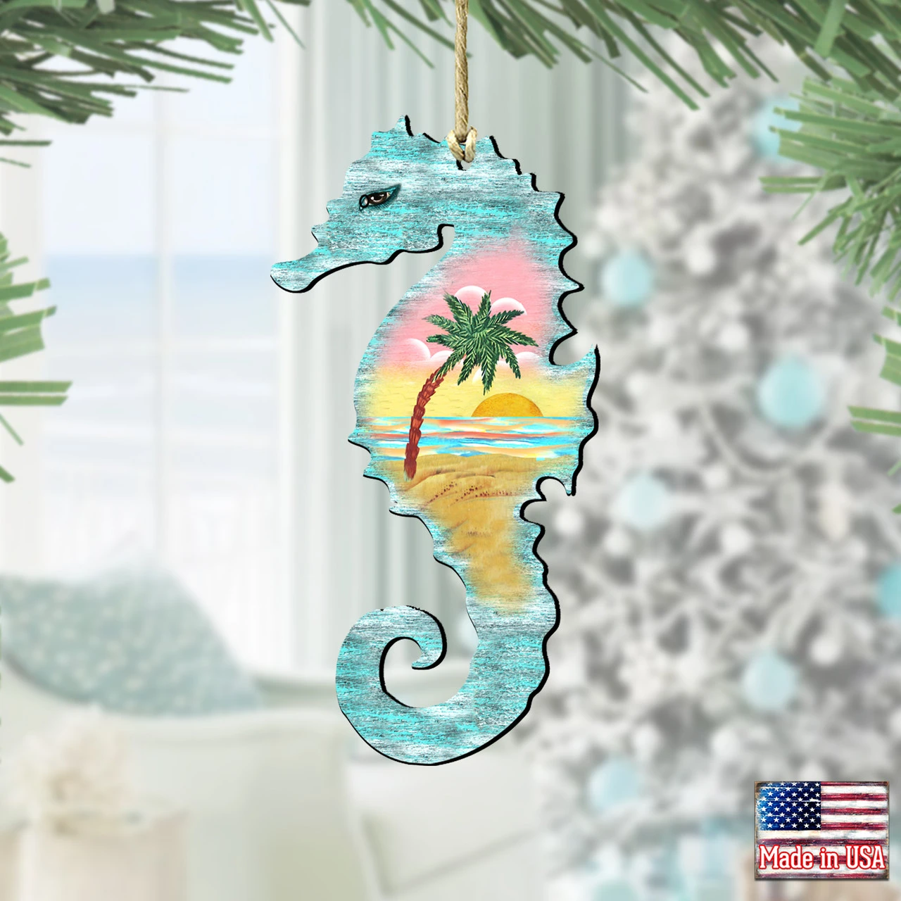 Set Of 2 Seahorse Beach Scene Wooden Christmas Ornaments 5.5" - Image 2