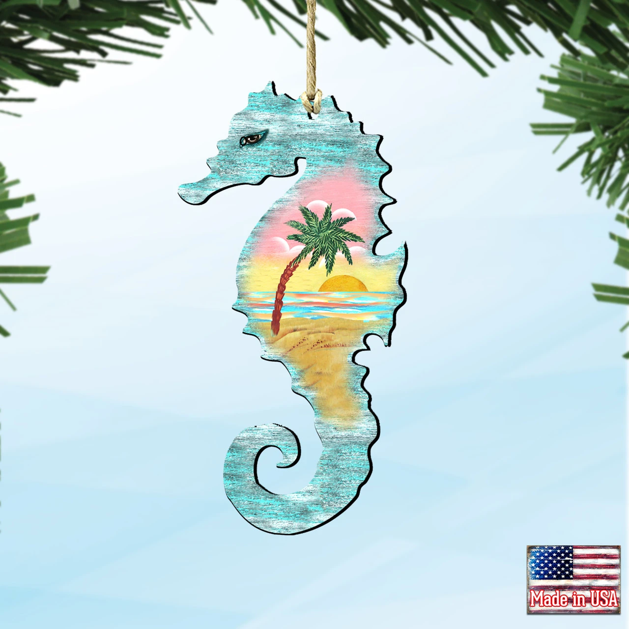 Set Of 2 Seahorse Beach Scene Wooden Christmas Ornaments 5.5" - Image 4