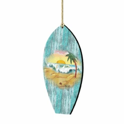 Set Of 2 Surfboard Beach Scene Wooden Christmas Ornaments 5.5"