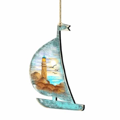 Set Of 2 Boat Lighthouse Beach Scene Wooden Christmas Ornaments 5.5"