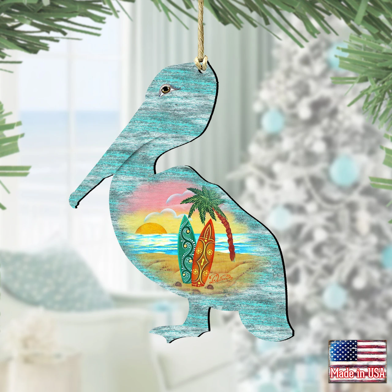 Set Of 2 Pelican Beach Scene Wooden Christmas Ornaments 5.5" - Image 2