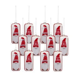 Set Of 12 Red And White Glass Gnome Christmas Ornament 6.25"