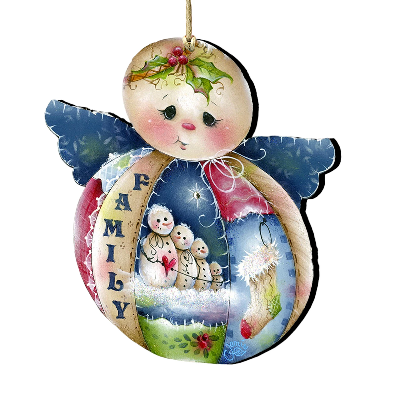 Set Of 2 Snowman "Family" Wooden Angel Christmas Ornaments 5.5"