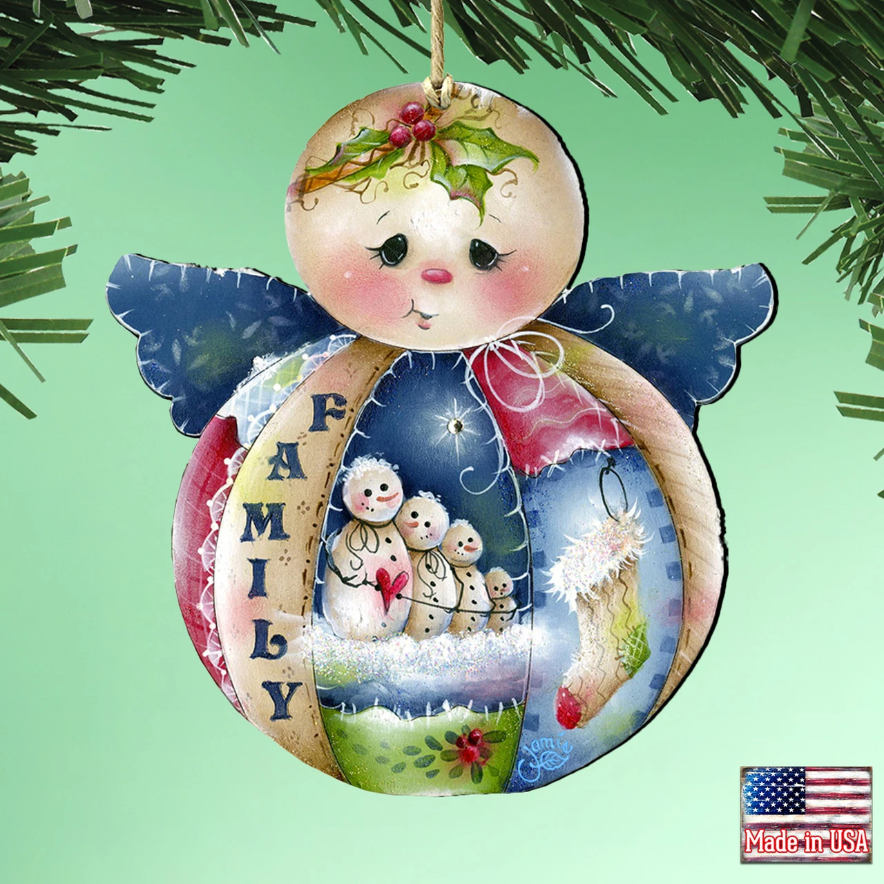 Set Of 2 Snowman "Family" Wooden Angel Christmas Ornaments 5.5" - Image 2