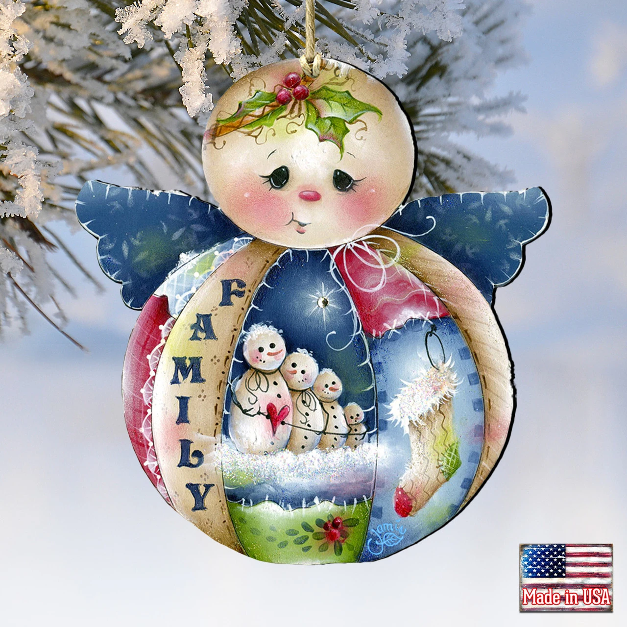 Set Of 2 Snowman "Family" Wooden Angel Christmas Ornaments 5.5" - Image 4