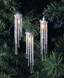 Set Of 10 Ice Palace Silver Dangling Beaded Icicle Christmas Lights - Green Wire