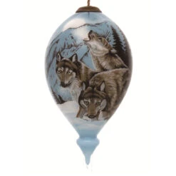 6” Blue And Brown Wolves Hand Painted Mouth Blown Glass Hanging Christmas Ornament