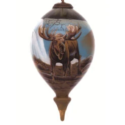 4.75” Brown And Blue Moose Hand Painted Mouth Blown Glass Hanging Christmas Ornament