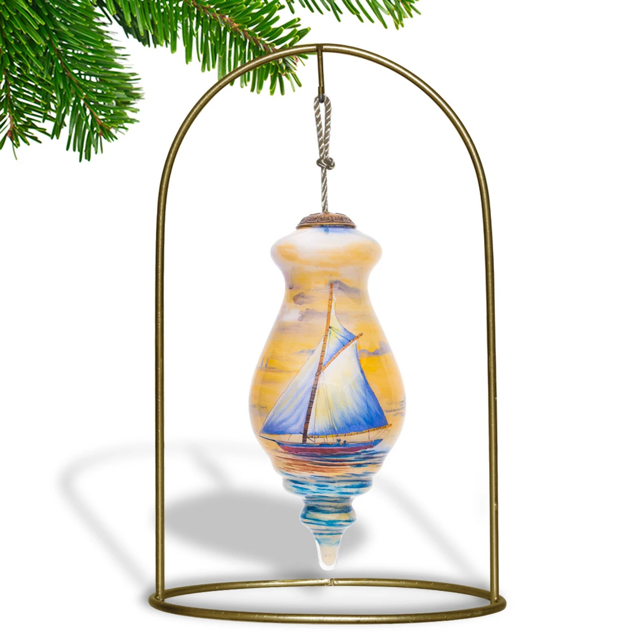 5” Blue And Yellow Sailing Boat Hand Painted Spire Shaped Mouth Blown Glass Hanging Christmas Ornament - Image 3