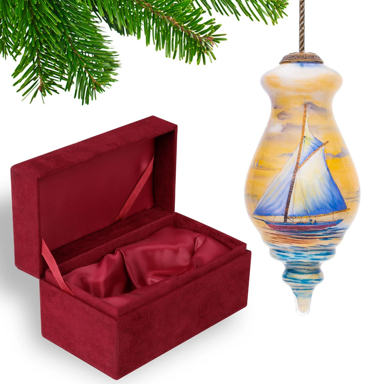 5” Blue And Yellow Sailing Boat Hand Painted Spire Shaped Mouth Blown Glass Hanging Christmas Ornament - Image 4
