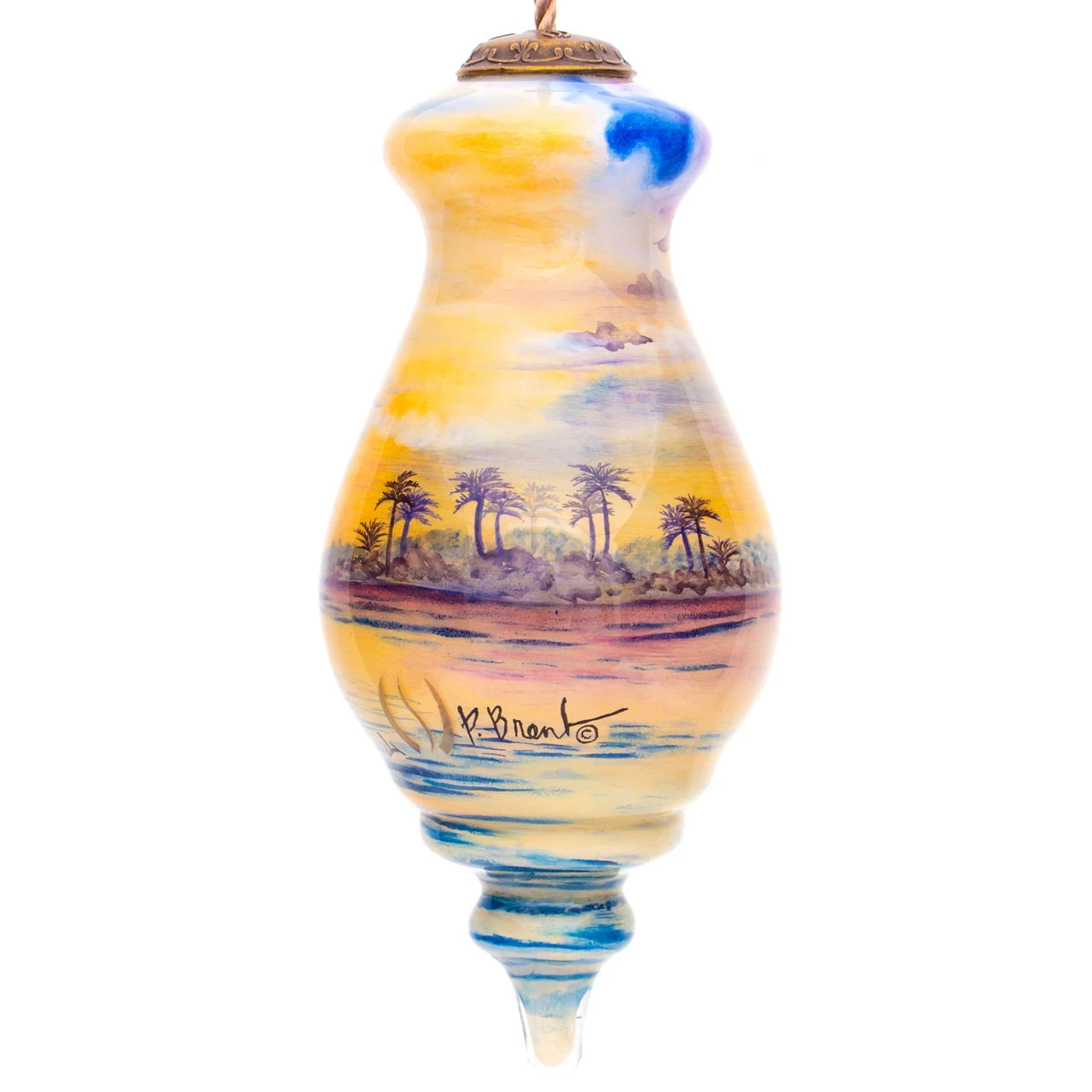 5” Blue And Yellow Sailing Boat Hand Painted Spire Shaped Mouth Blown Glass Hanging Christmas Ornament - Image 5