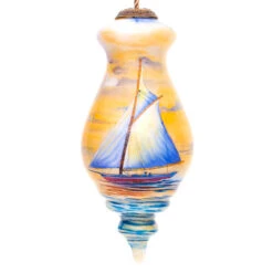 5” Blue And Yellow Sailing Boat Hand Painted Spire Shaped Mouth Blown Glass Hanging Christmas Ornament