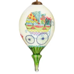 4.75” Ivory And Green Baby Carriage Hand Painted Mouth Blown Glass Hanging Christmas Ornament