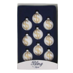 9ct Porcelain White And Gold Rhinestone Dollar Sign Christmas Ball Ornaments 2.25" (57mm)