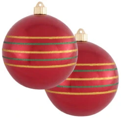 2ct Red And Gold Striped Shatterproof Christmas Ball Ornament 6" (150mm)