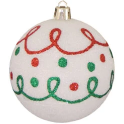 4ct Snowball White Loops And Dots Shatterproof Glitter Christmas Ball Ornaments 3.25" (80mm)