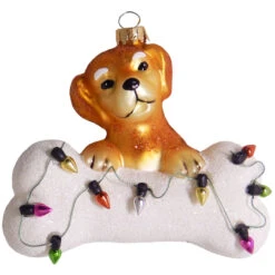 4" Brown And White Dog With Bone Figurine Christmas Ornament