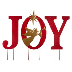 3' Red And Gold Metal Christmas JOY Angel Yard Stake, Wall Decor, Or Standing Decor