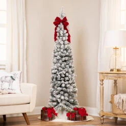 6' Flocked Traditional Green Pine Pencil Artificial Christmas Tree - Unlit