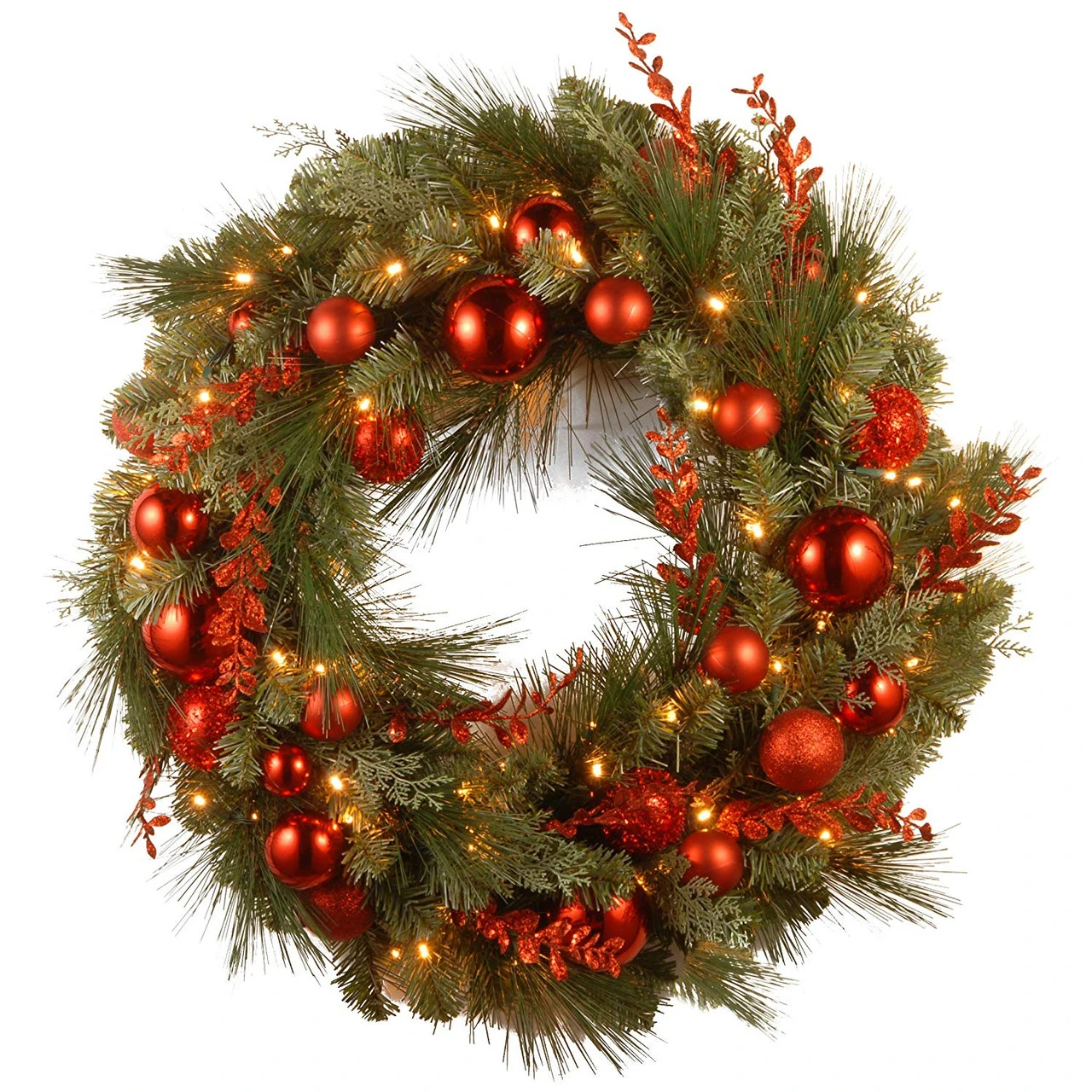 Pre-Lit B/O LED Red Mixed Artificial Christmas Wreath – 24-Inch, Warm White Lights