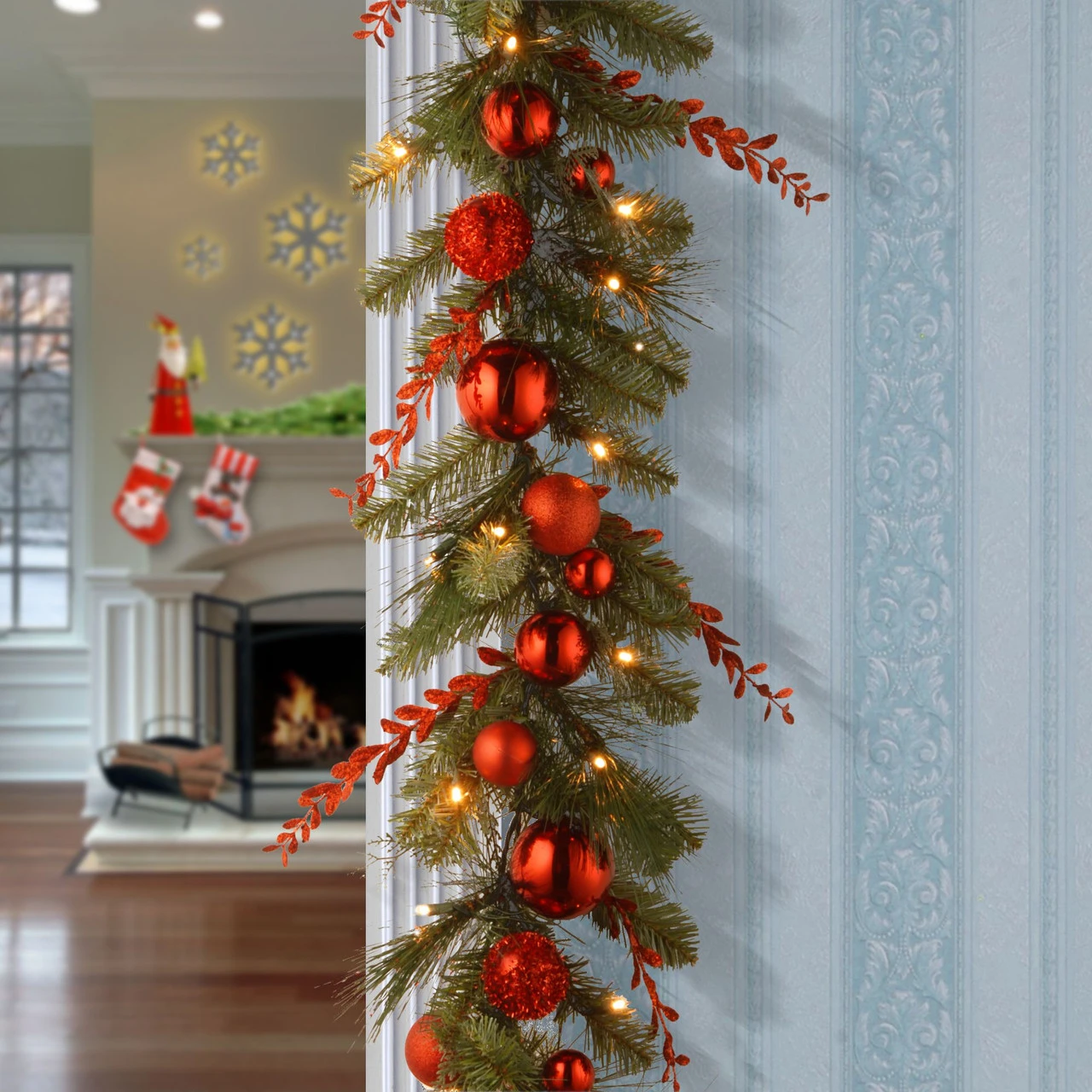 9' X 12" Pre-Lit B/O LED Red Mixed Artificial Christmas Garland – Warm White Lights - Image 2