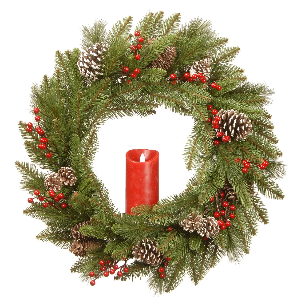 Bristle Berry Artificial Christmas Wreath – 24-Inch, Single Candle, Unlit