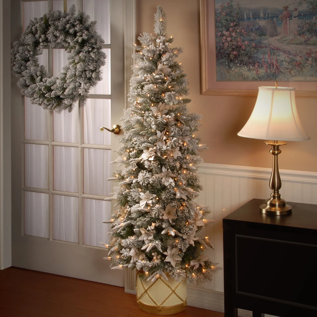 6' Pre-Lit Slim Frosted Colonial Artificial Half Wall Christmas Tree - Clear Lights - Image 2