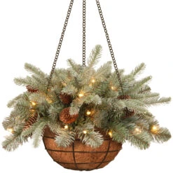 20" Green Spruce Hanging Basket With Warm White LED Lights