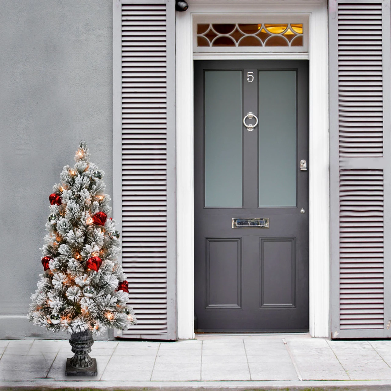 4’ Pre-Lit Snowy Bristle Pine Entrance Tree With Clear Lights In Silver Pot - Image 2